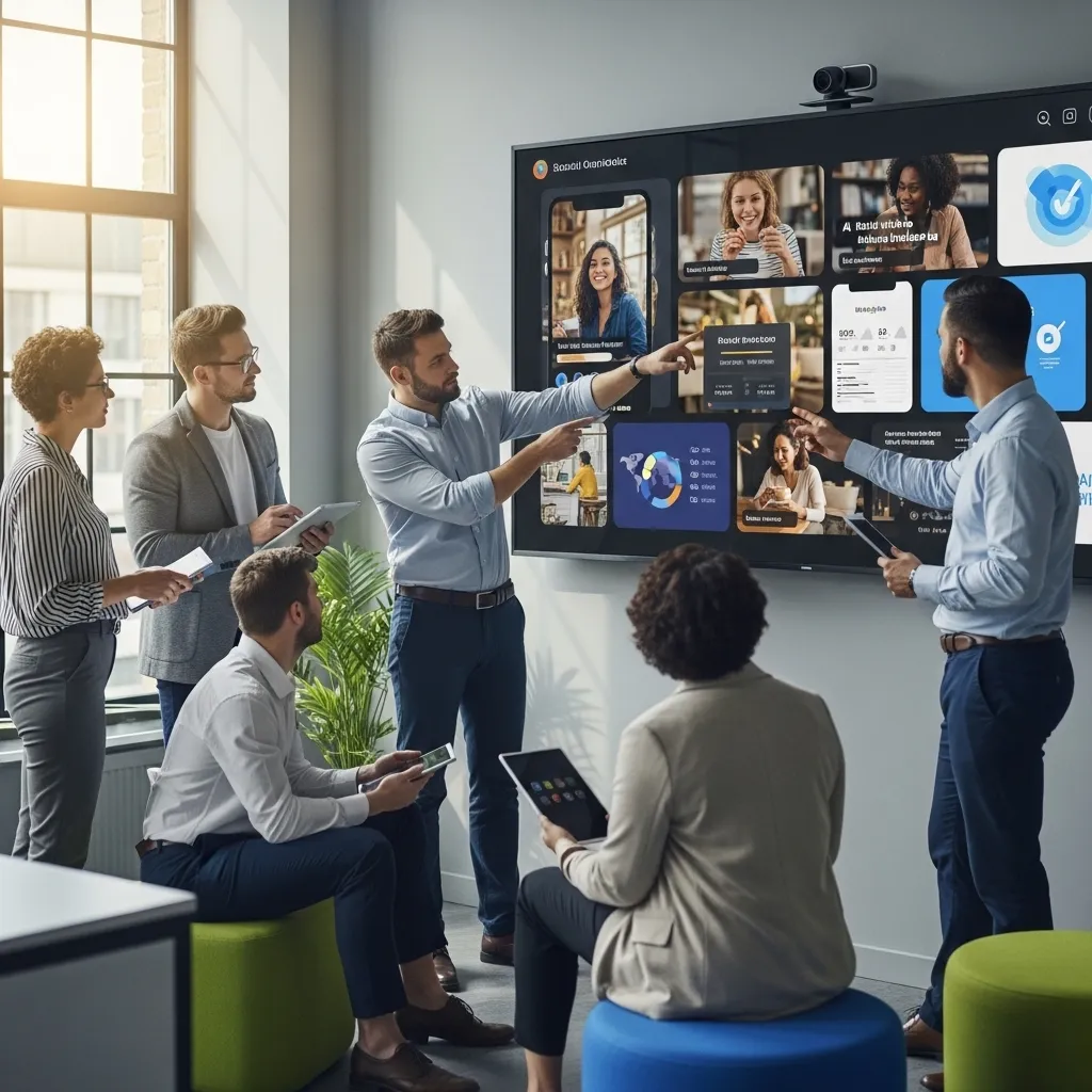 A photorealistic image of a modern marketing team collaborating around a large screen displaying AI-generated social media co