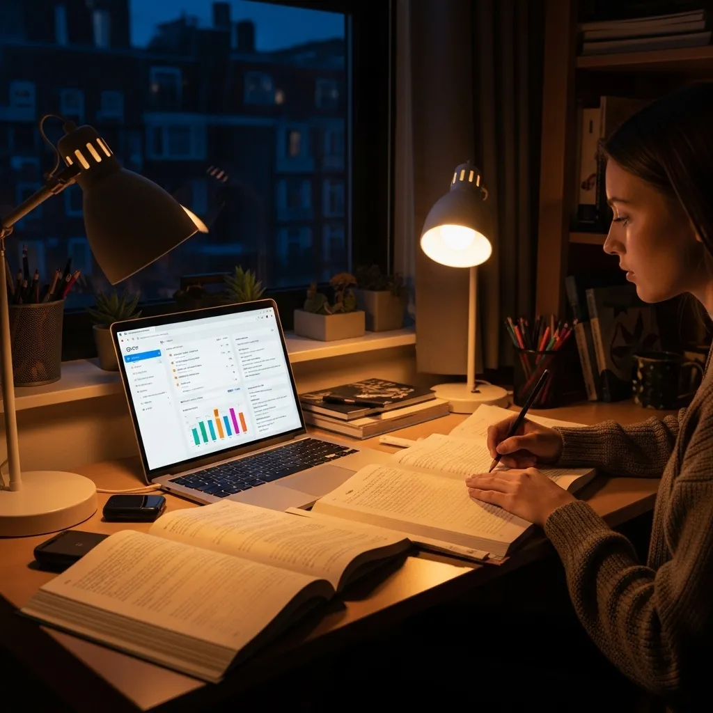 A student sits in a cozy dorm room at night, reviewing on a laptop with a quiz interface visible on screen