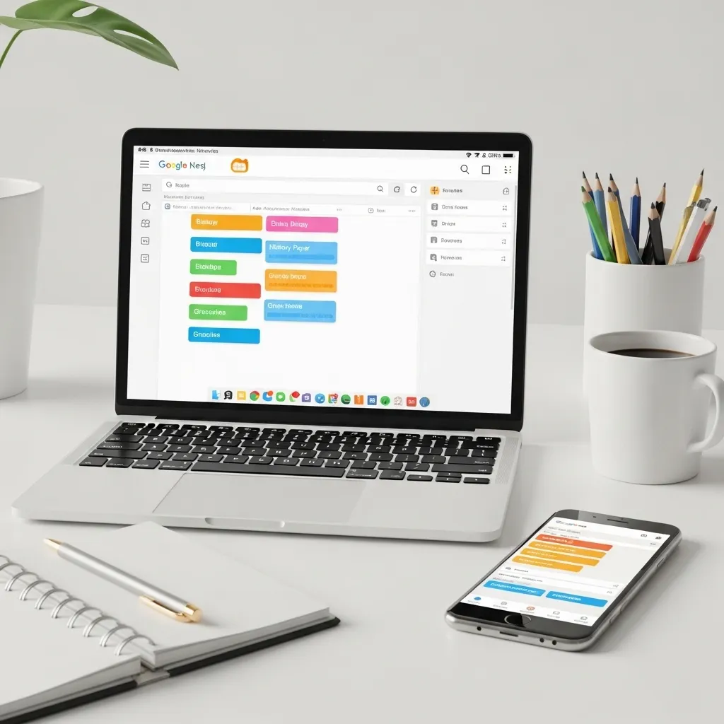 A vibrant, organized digital workspace showing a laptop screen with Google Keep notes app open
