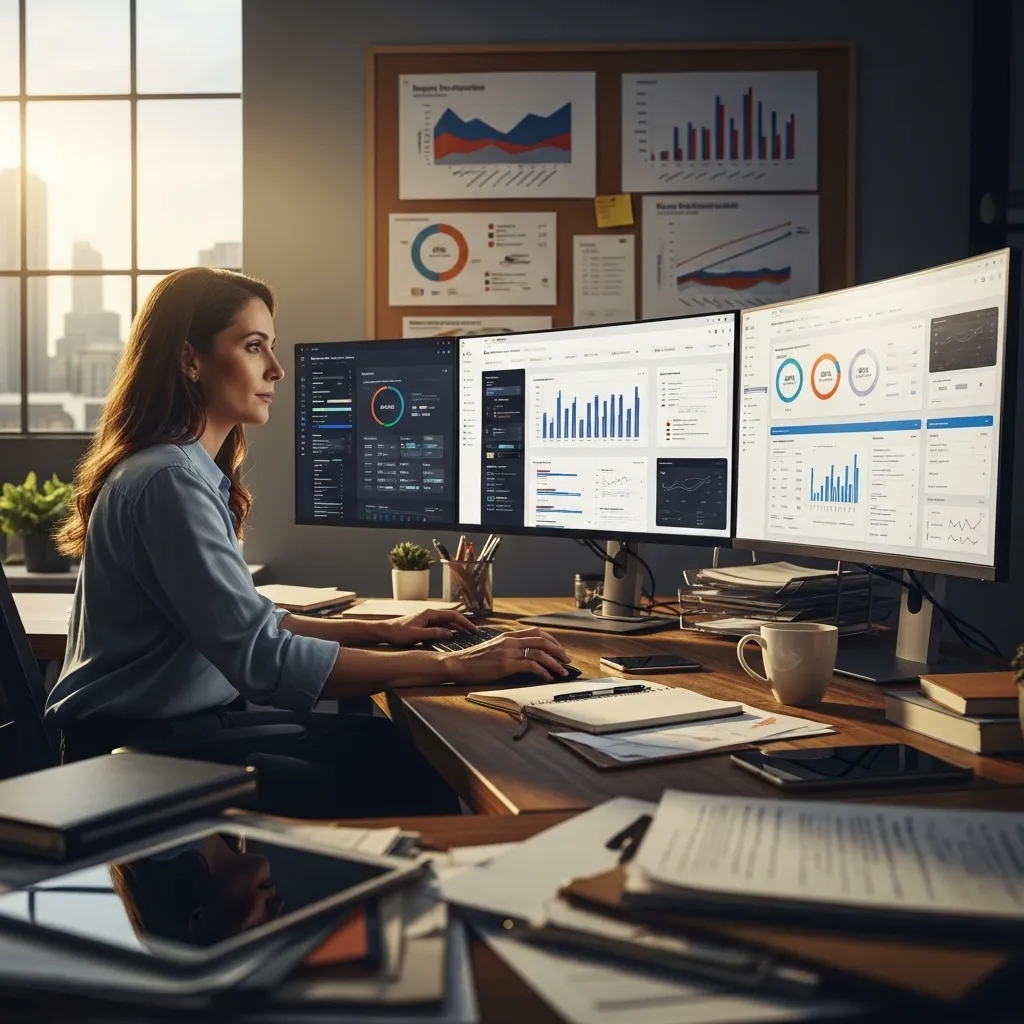 A photorealistic scene of a nonprofit director working at a cluttered but organized desk, evaluating multiple AI tool interfa