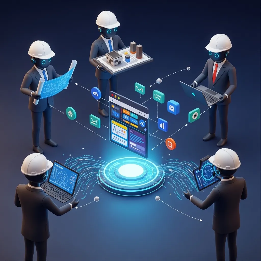 A vibrant, photorealistic scene of a multi-agent software development team collaborating