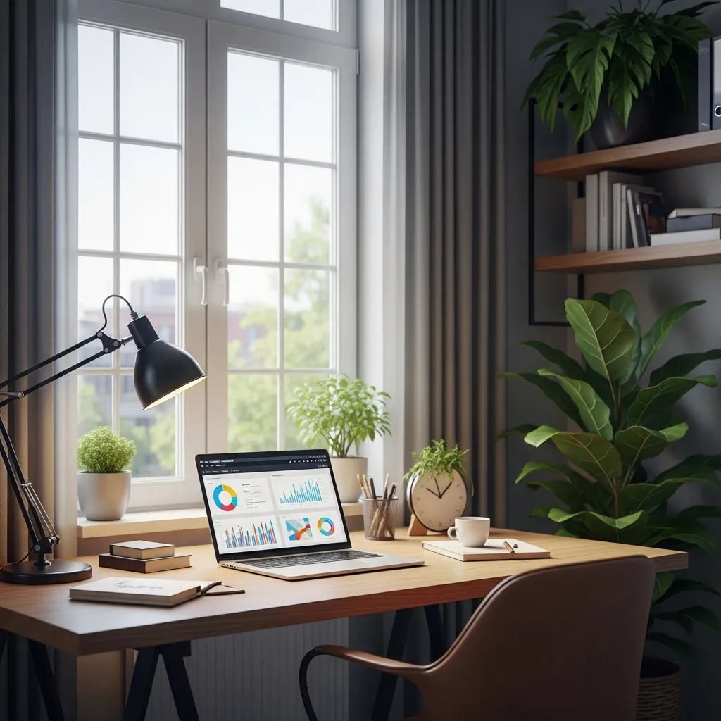 A photorealistic, beautifully lit image of a modern minimalist home office