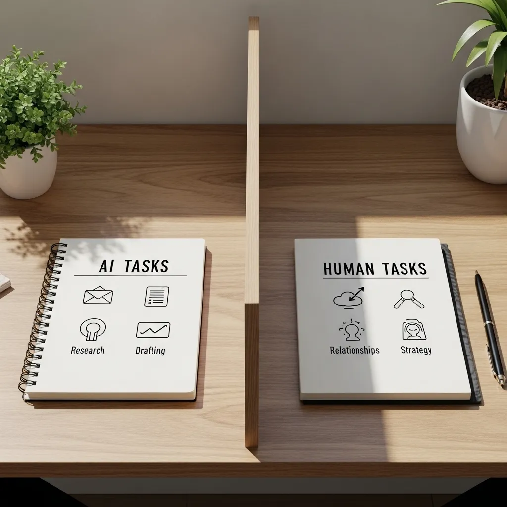 A clean, minimalist photograph of a wooden desk with clearly defined zones of ai for productivity 