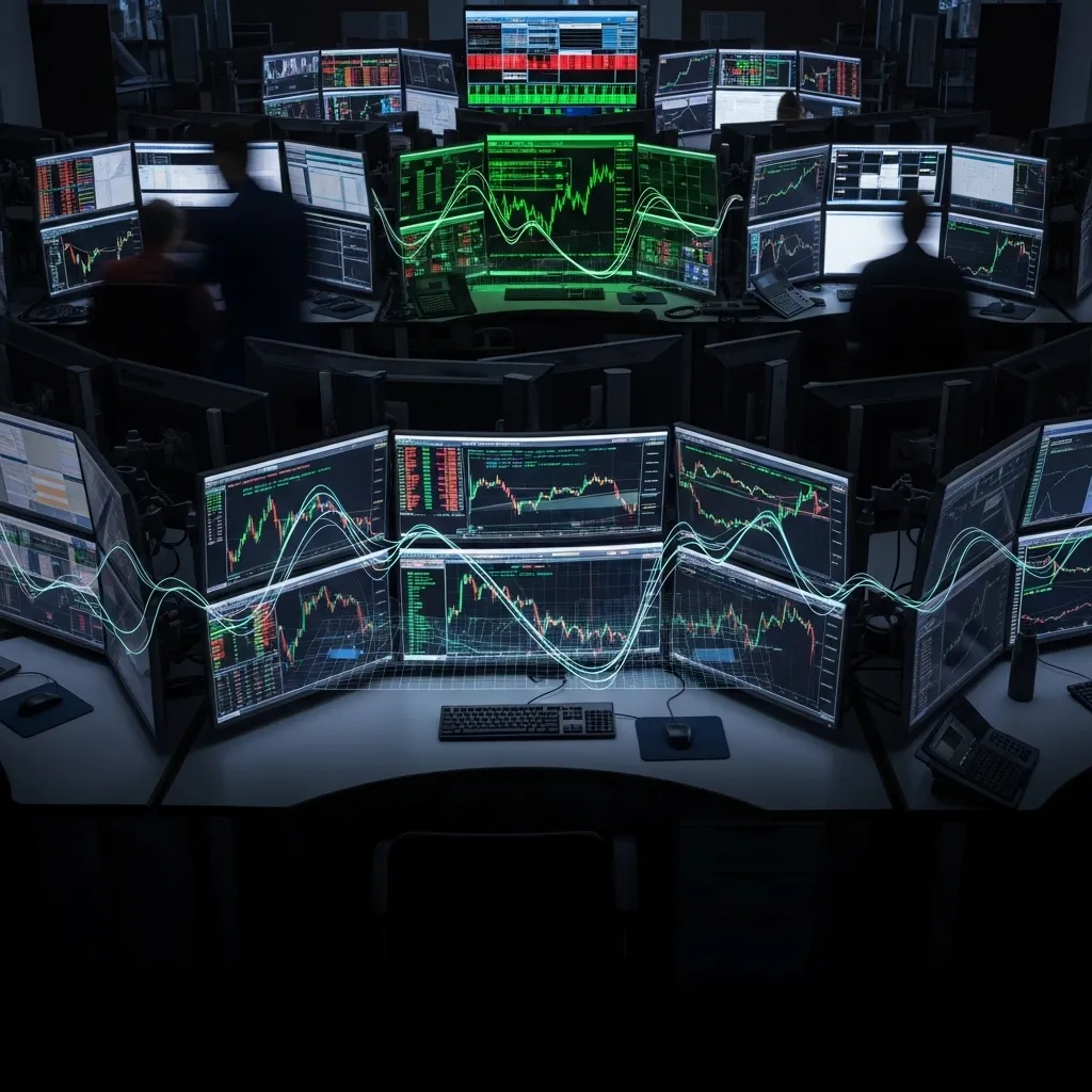 A photorealistic image of a quantitative trading floor viewed from an elevated perspective
