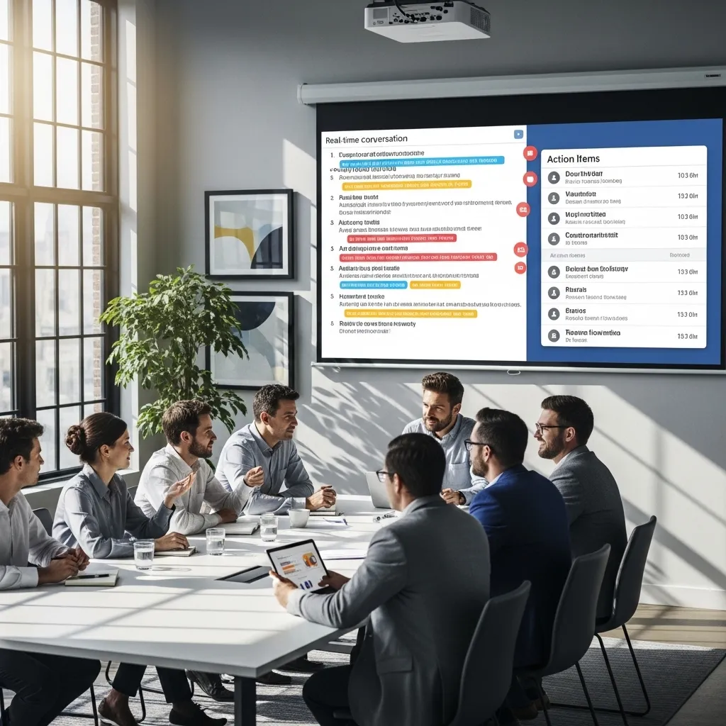 A photorealistic image of a modern conference room meeting being transformed into organized, actionable notes