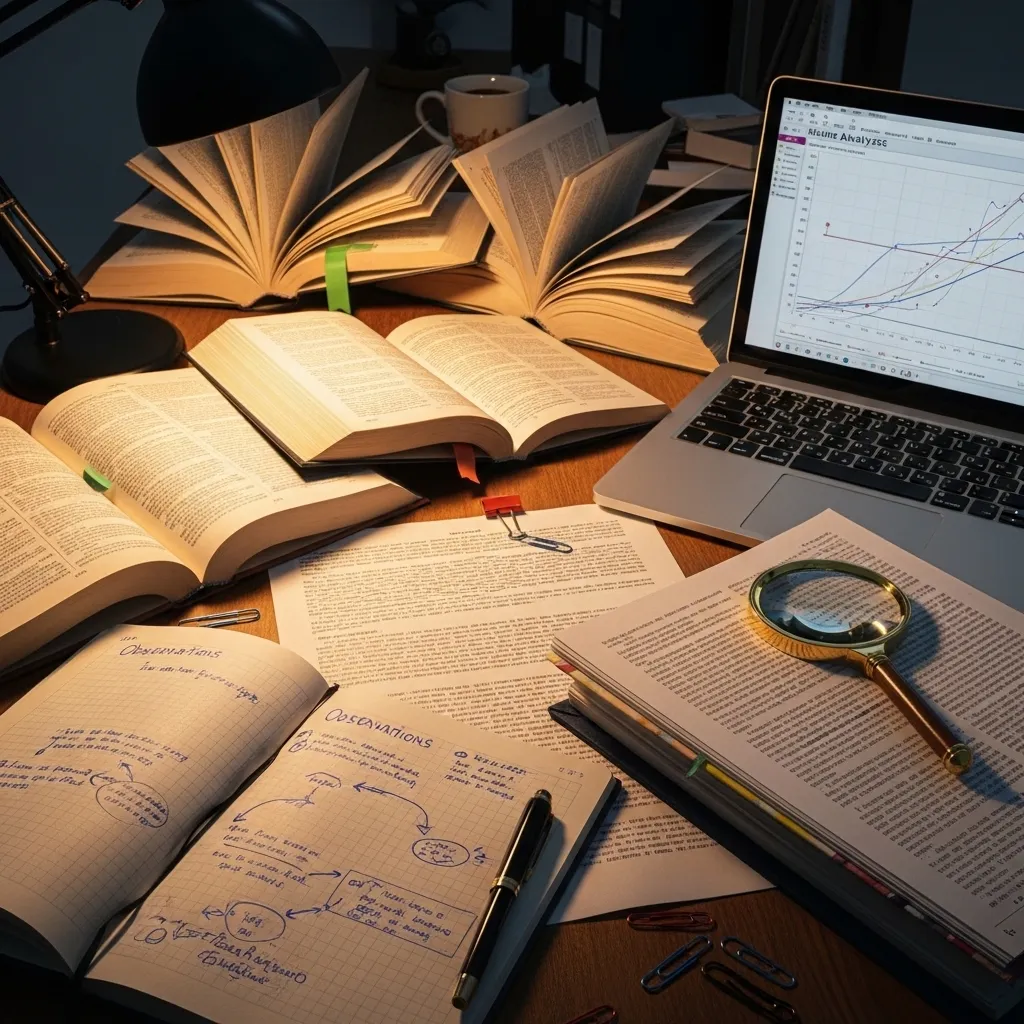 A photorealistic close-up of a researcher's desk with multiple open reference books, a laptop showing data analysis, and a ma