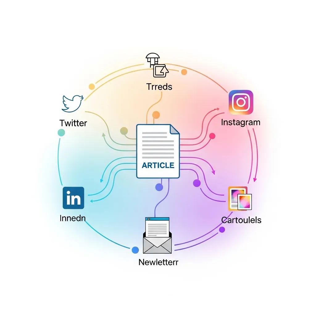 A vibrant digital illustration showing content repurposing across platforms: a central article document branches out to socia