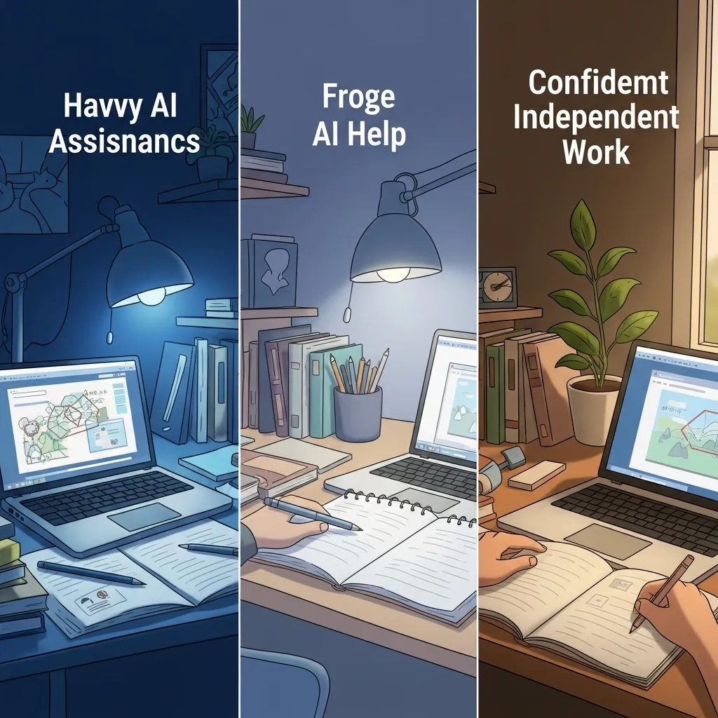 A detailed digital illustration of a student's organized workspace showing progression over time