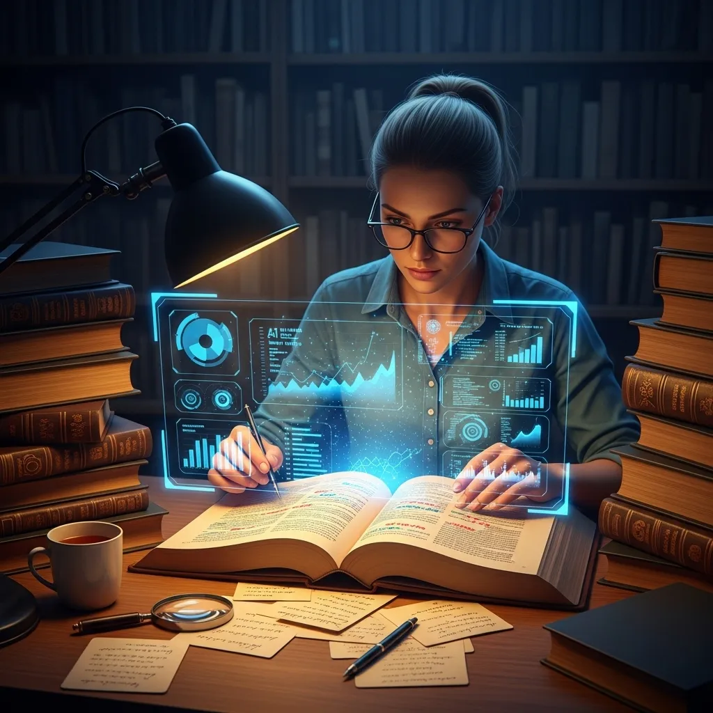 A digital illustration showing a designer's workspace with a style guide open next to a glowing AI interface
