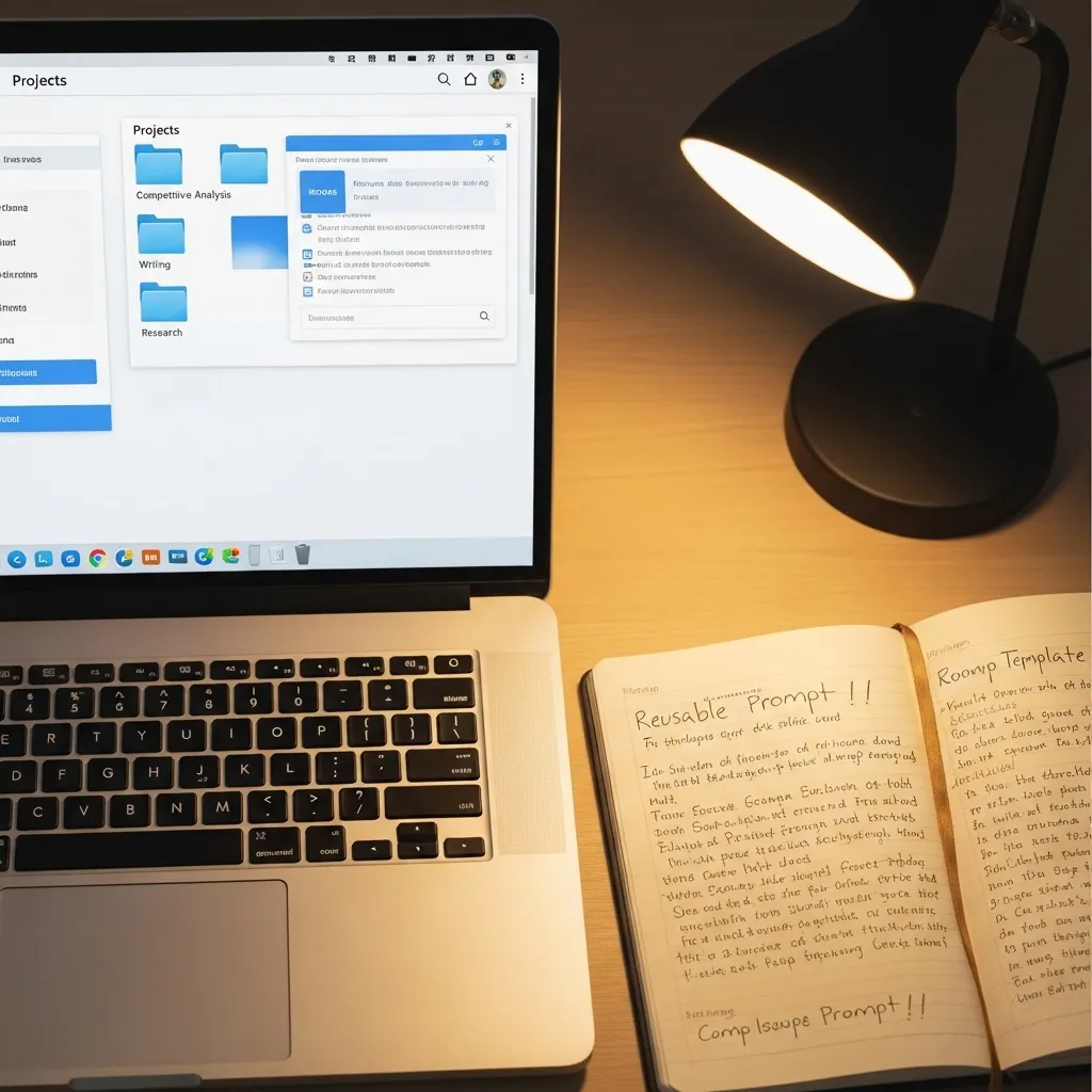 A photorealistic overhead shot of a well-organized digital workspace