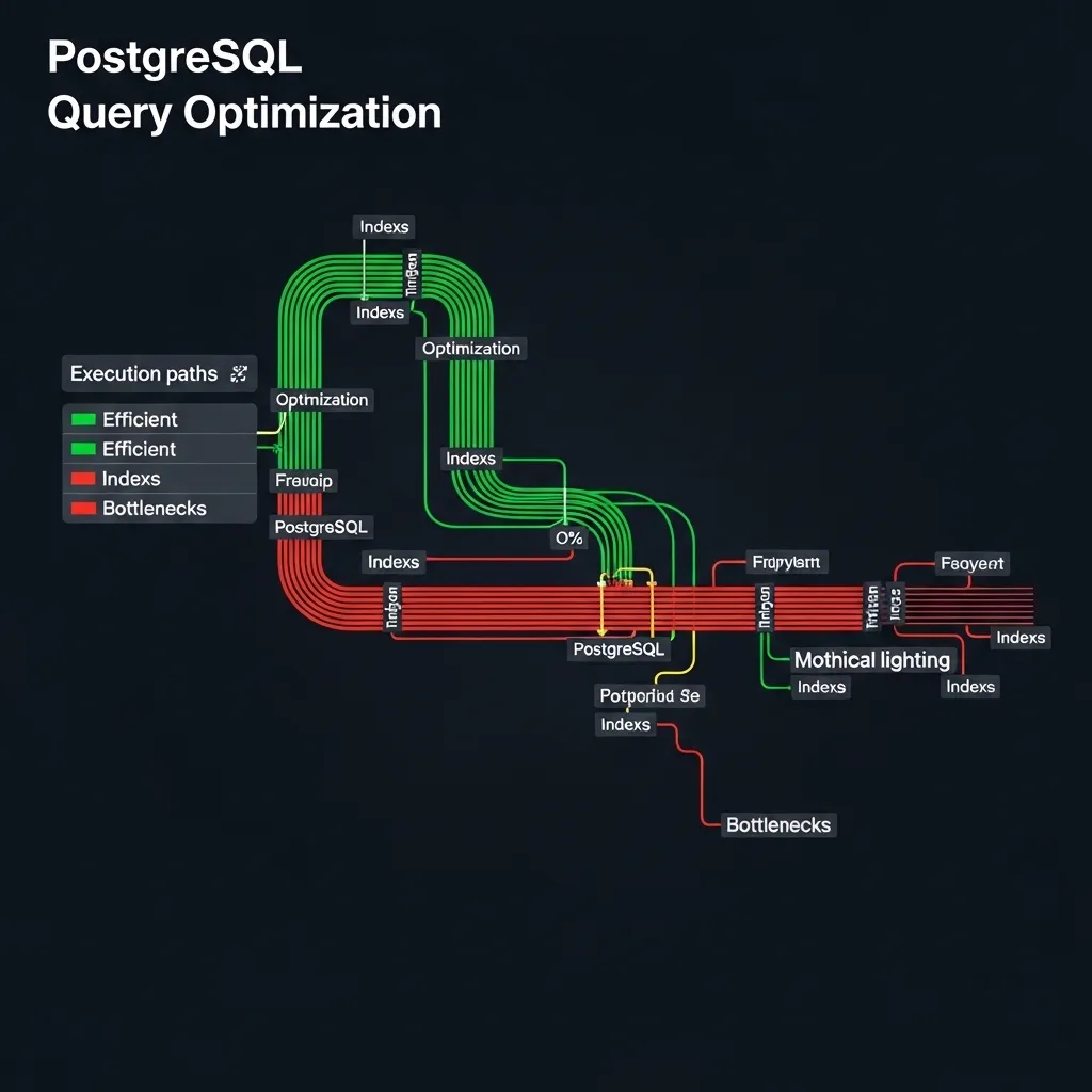 A detailed visualization of database optimization showing a PostgreSQL query plan diagram with execution paths, indexes, and 