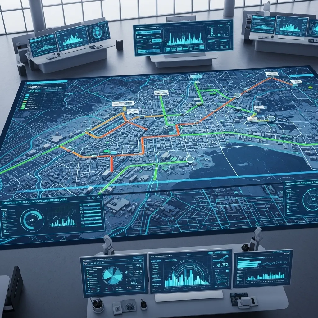 An aerial view of a sophisticated logistics control center with a massive digital map displaying real-time delivery routes