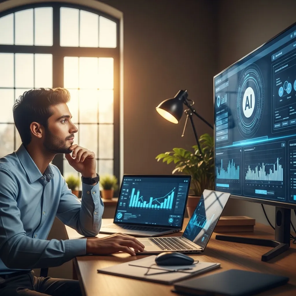 A thoughtful human professional in a modern office, looking at a sophisticated AI agent interface on a large screen