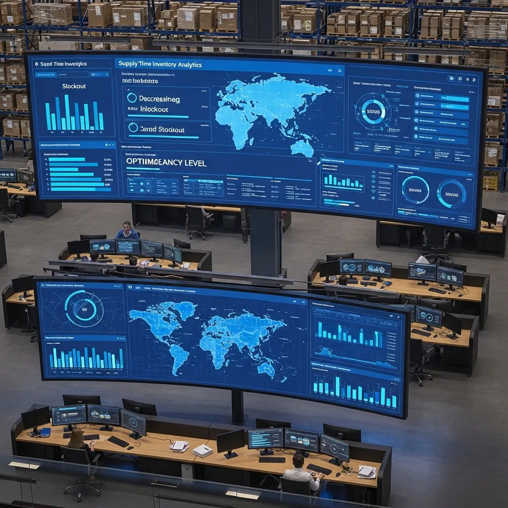 An aerial view of a sophisticated warehouse control center with large screens displaying real-time inventory analytics, suppl