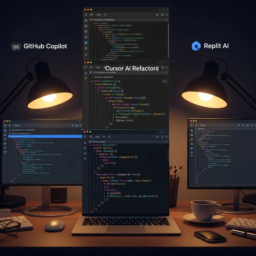 A developer's workstation showing three coding environments side by side