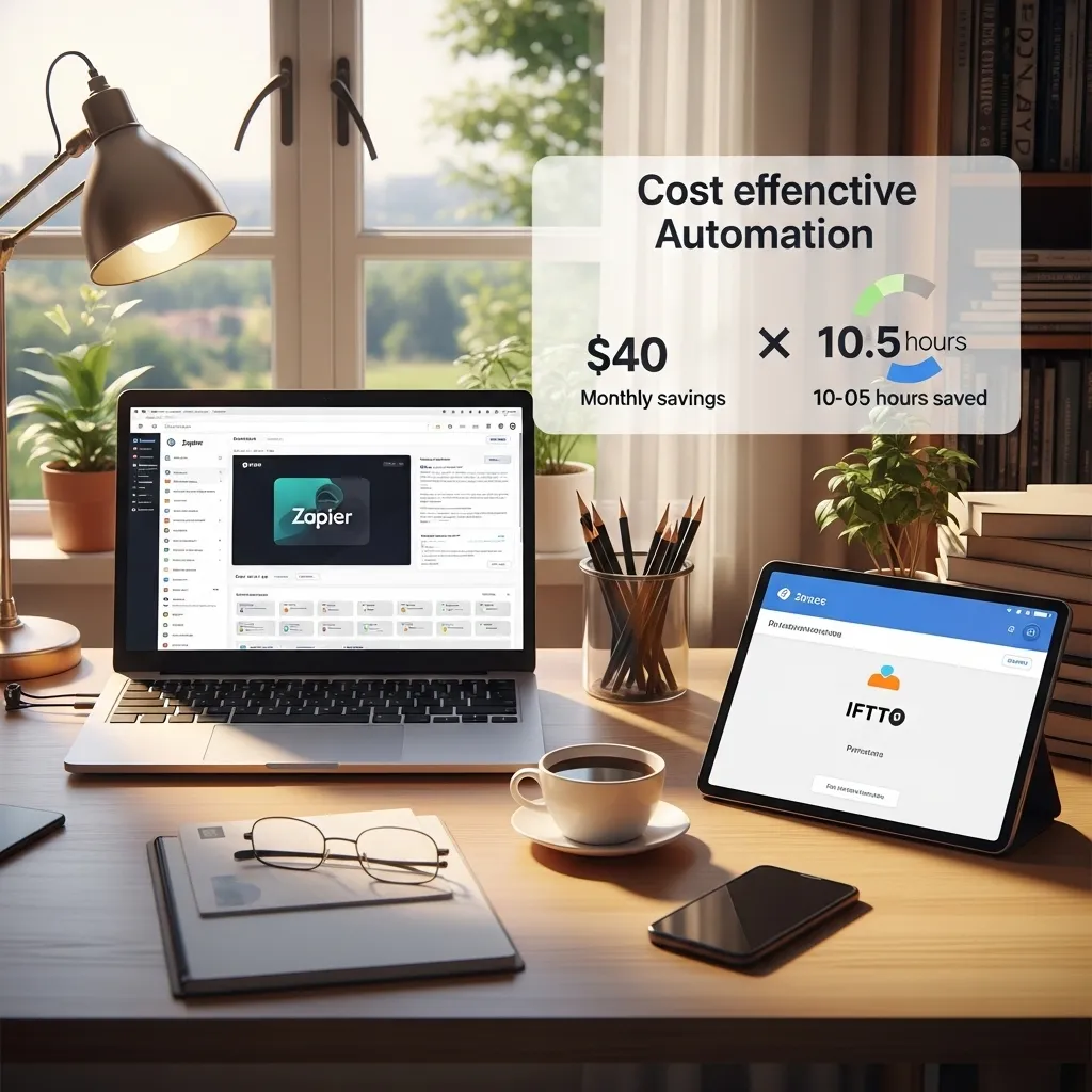 A photorealistic image of a cost-effective automation setup on a modern desk