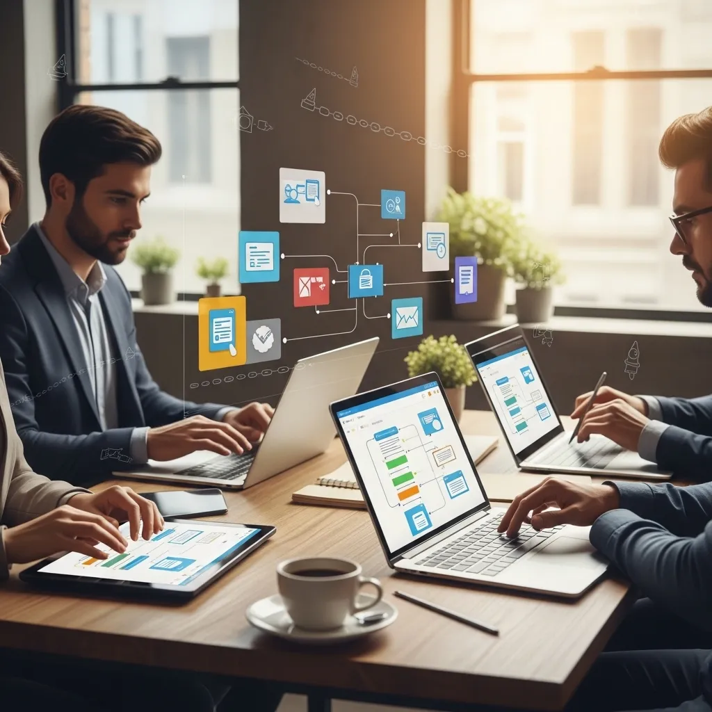 A photorealistic scene showing a small business office where non-technical employees are successfully implementing automation