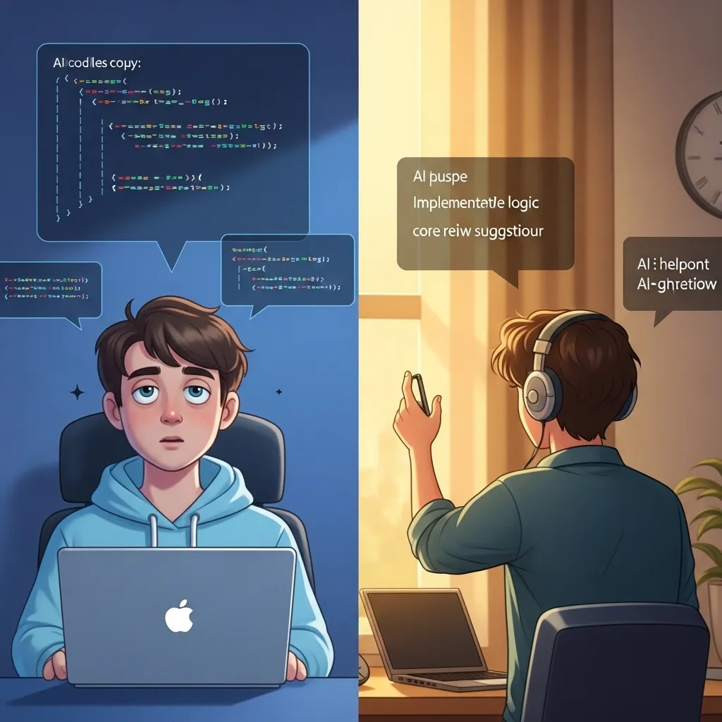 A dynamic scene of a programmer building a web scraper with strategic AI assistance