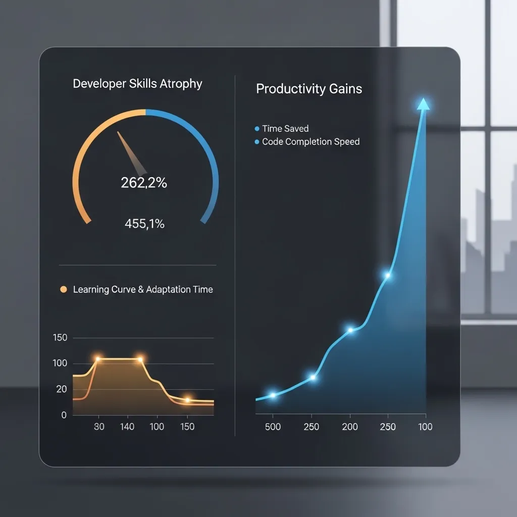 An elegant data visualization showing productivity gains from AI coding tools alongside hidden costs