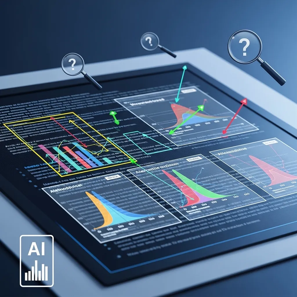 A detailed illustration of AI analyzing research bias and limitations