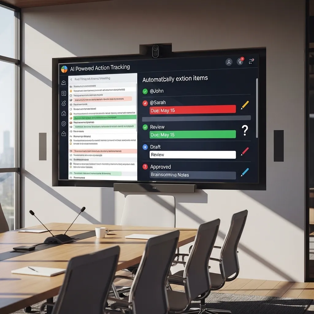 A professional meeting room scene showing AI-powered action item tracking