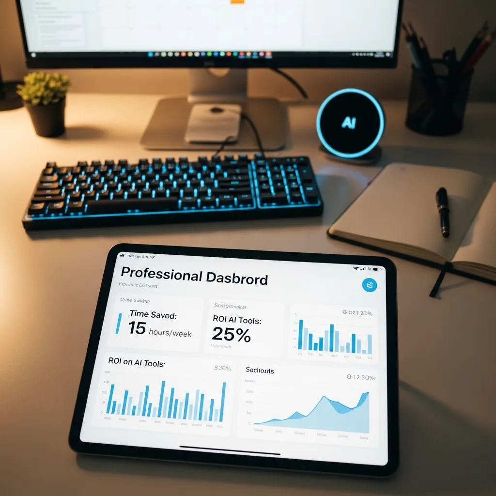 A professional blogger's financial dashboard displayed on a modern tablet, showing time savings calculations and ROI metrics