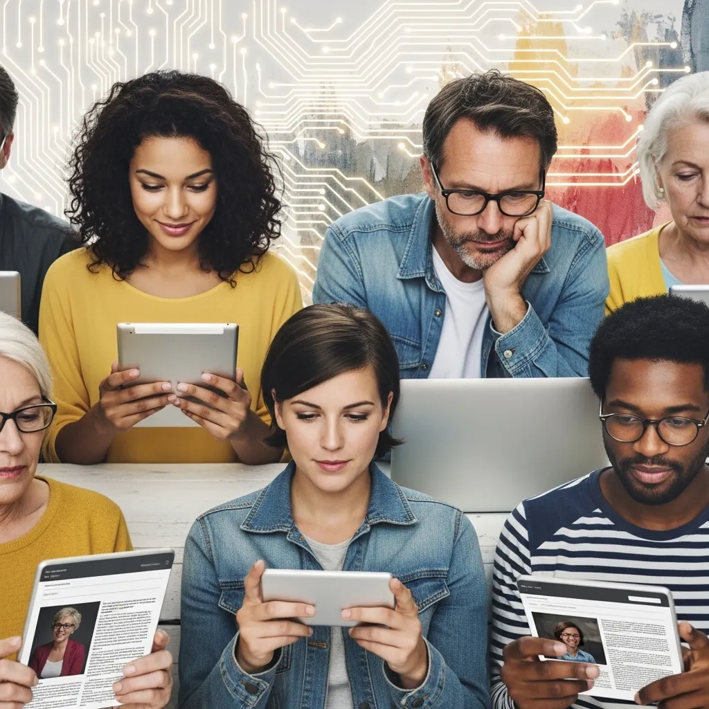 A diverse group of engaged readers interacting with digital content on various devices—tablets, phones, laptops