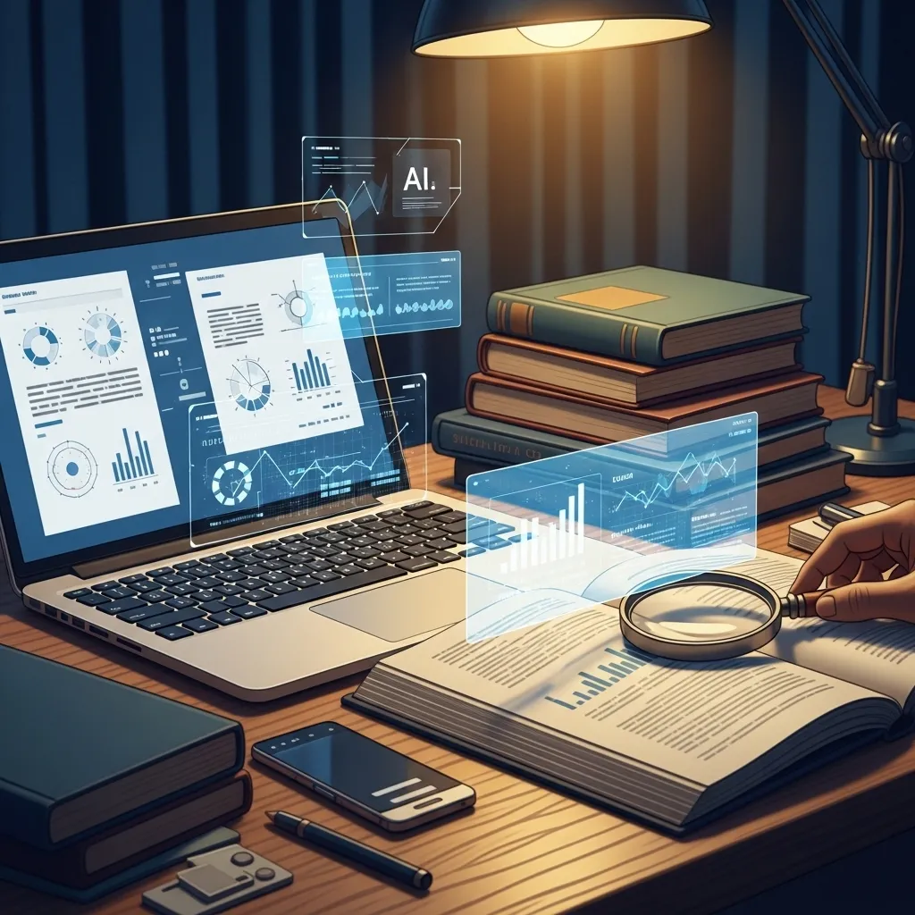 A detailed illustration of a researcher's desk with a laptop showing scientific papers and AI analysis overlays