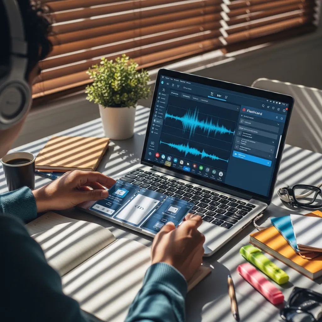 A student wearing headphones listens to a recorded lecture on a laptop while simultaneously creating digital flashcards