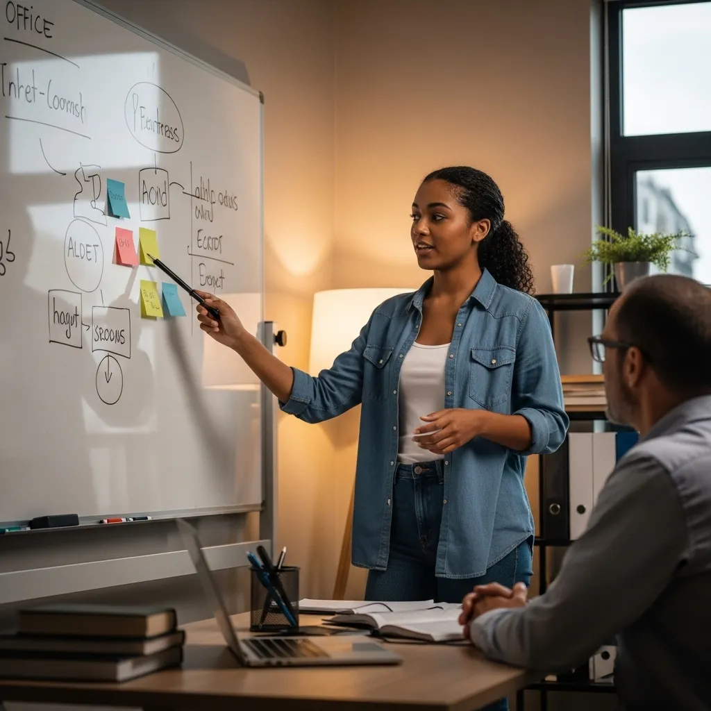 A photorealistic image of a student confidently explaining a complex concept on a whiteboard to a professor during office hou