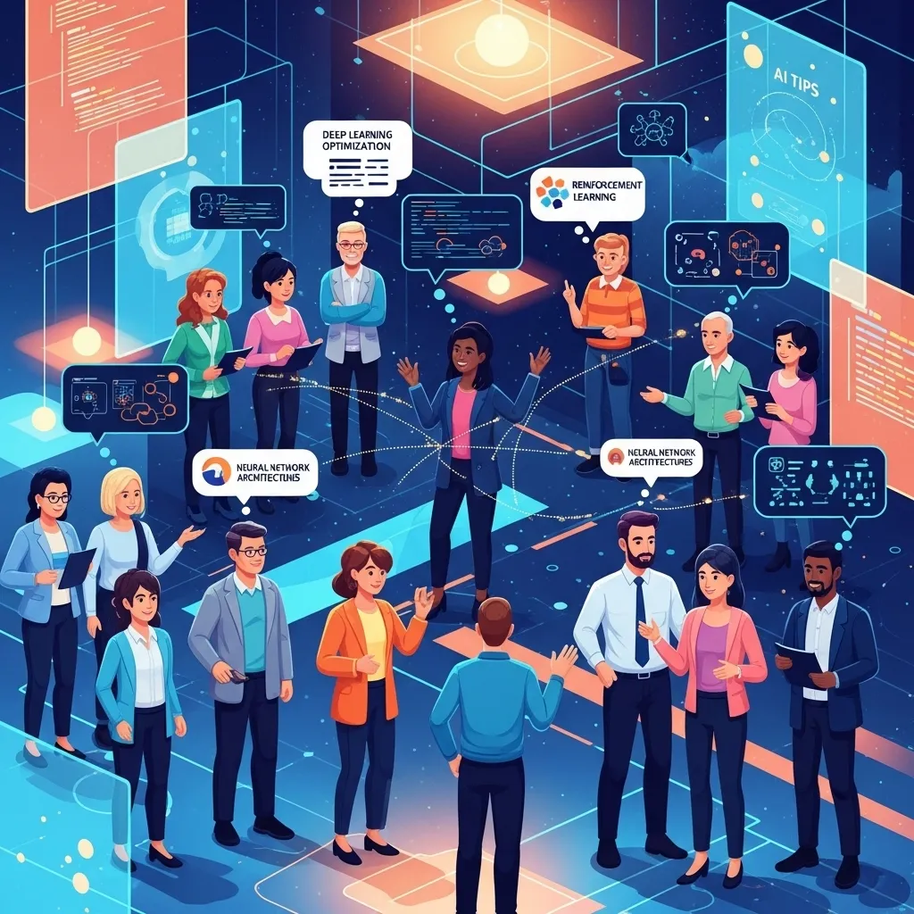 A vibrant digital illustration of diverse professionals collaborating in a glowing digital community space