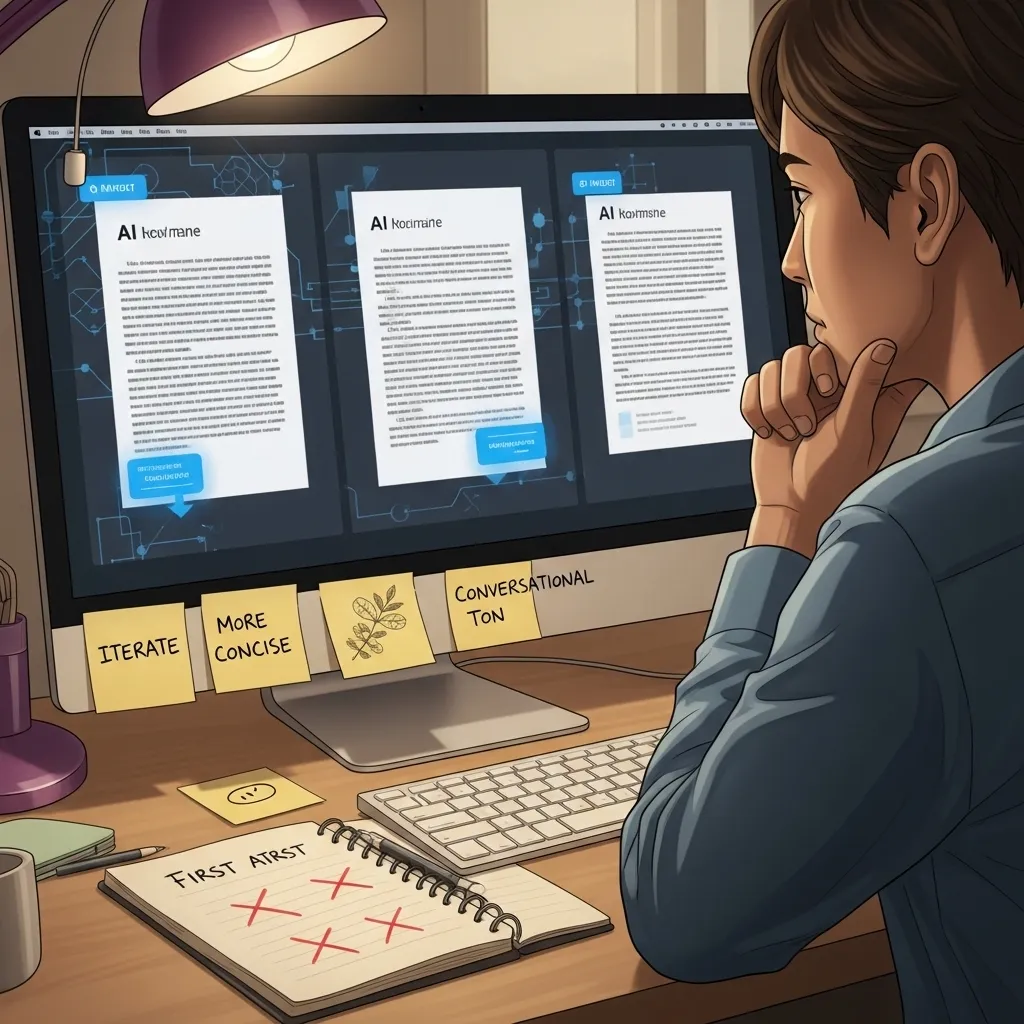 A detailed digital illustration of a person at a desk, looking thoughtfully at a computer screen showing multiple versions of