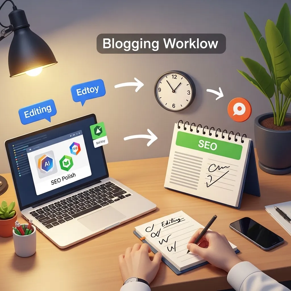 A dynamic digital illustration of an efficient blogging workflow