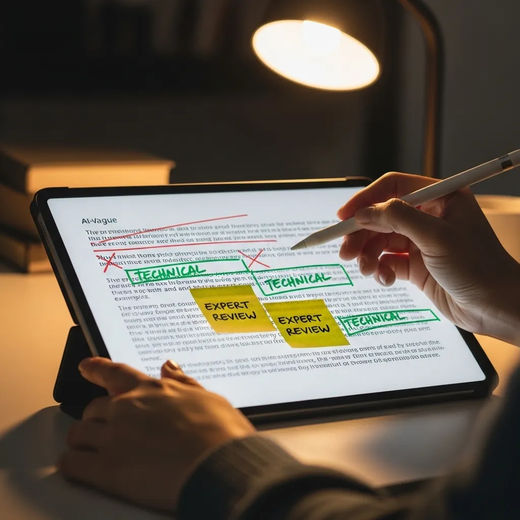 A detailed close-up of an editor's process: hands editing a document on a tablet, with AI-generated text being refined
