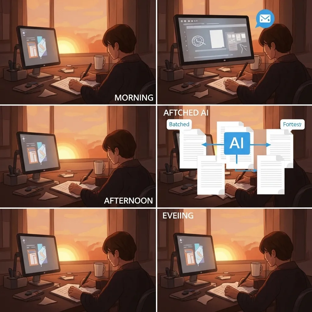 A time-lapse style illustration showing a writer's desk throughout a day