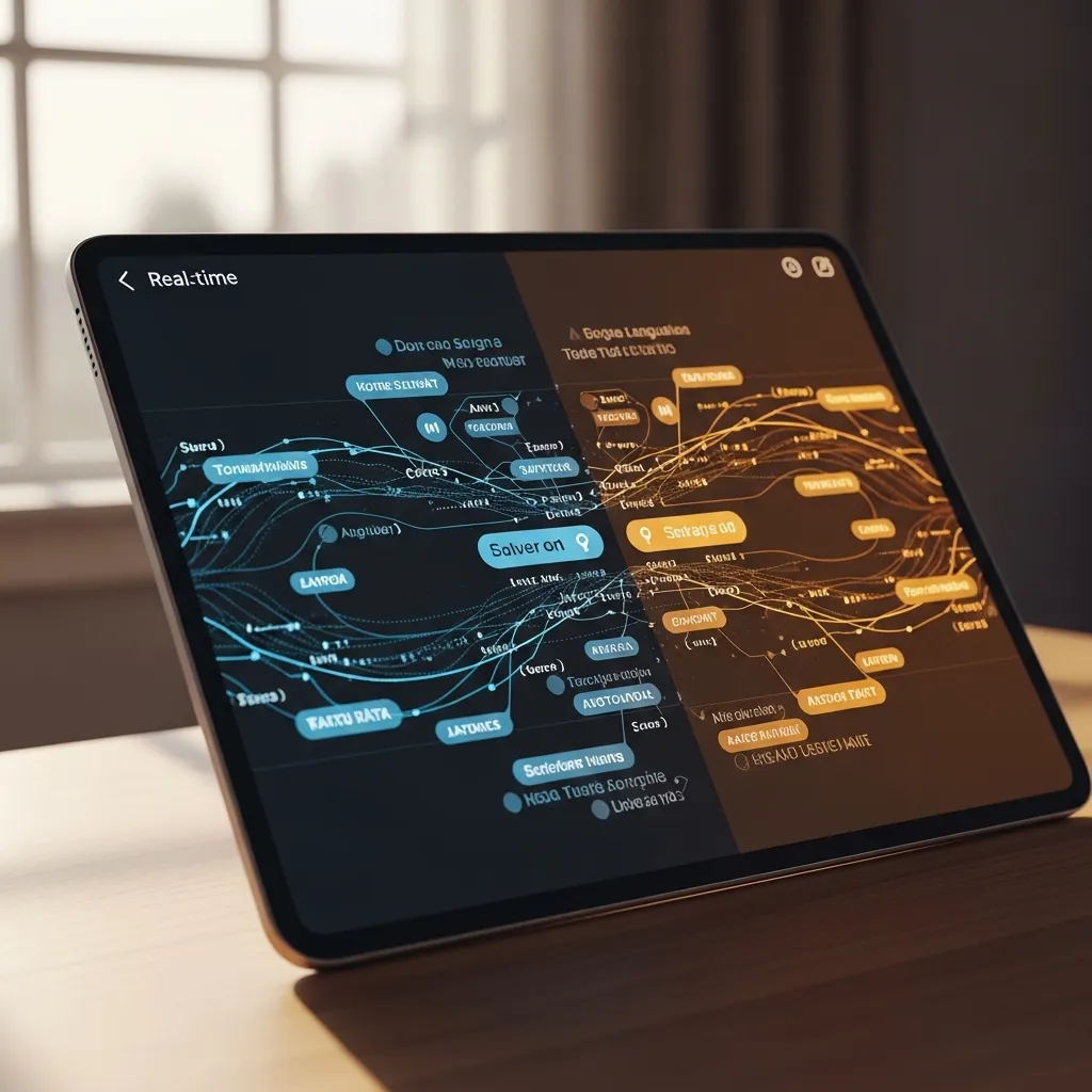 A detailed digital illustration showing sophisticated AI tools analyzing complex data relationships