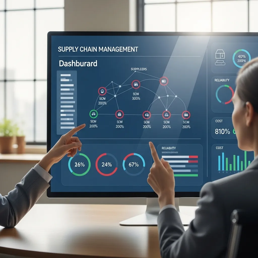 A detailed illustration of a supply chain management dashboard displayed on a large monitor in a modern office