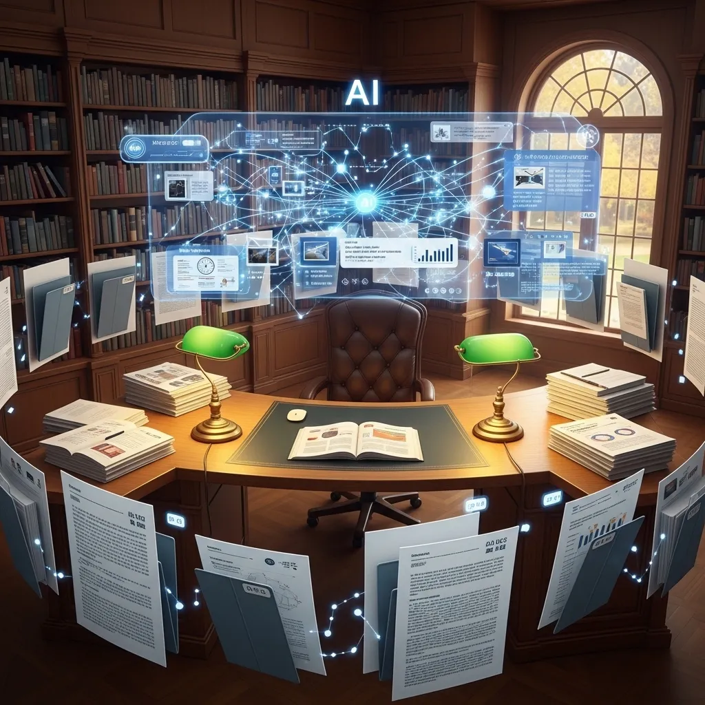 A detailed illustration of an academic research workspace with multiple scientific papers floating in organized stacks