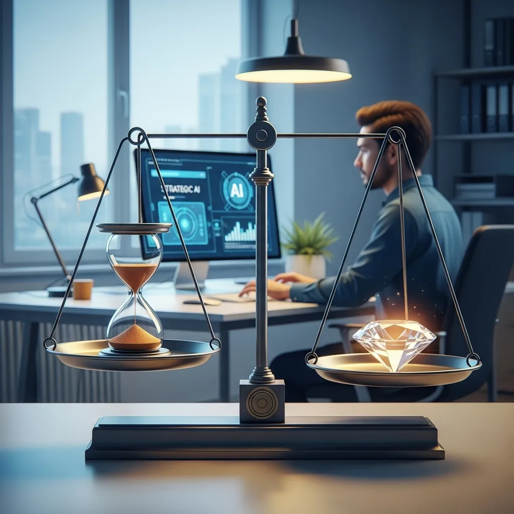 A balanced scale in a serene, modern office setting