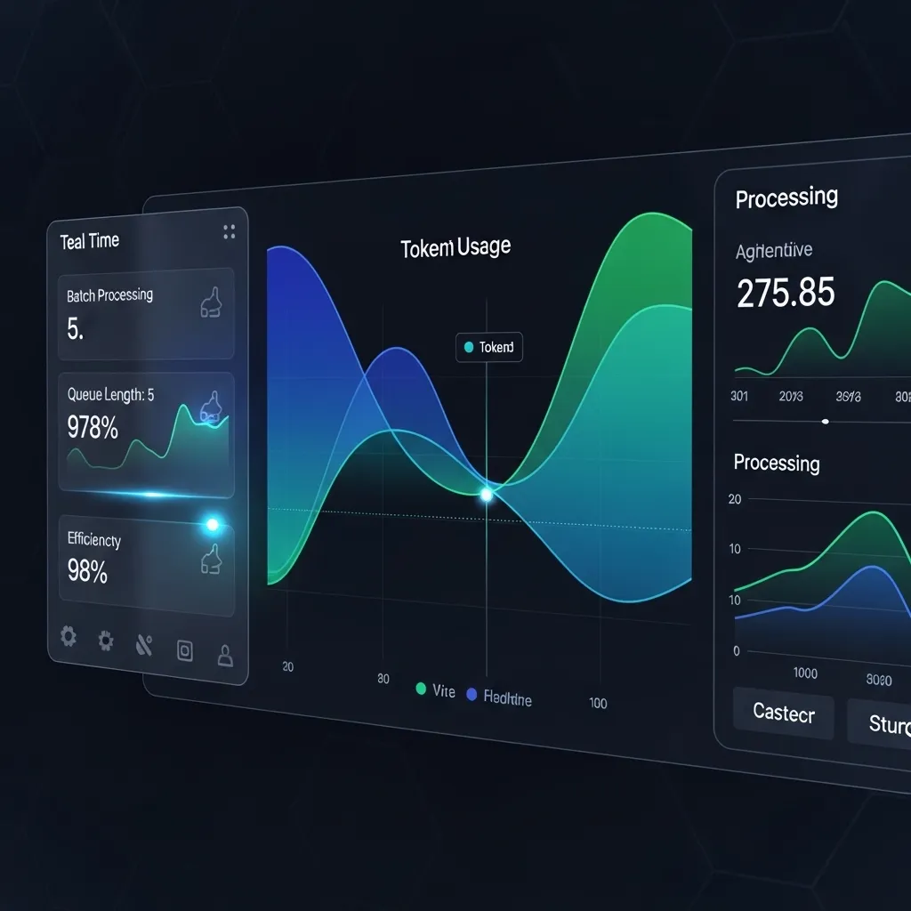 A sleek digital dashboard interface showing real-time data visualization with flowing token usage graphs and processing metri