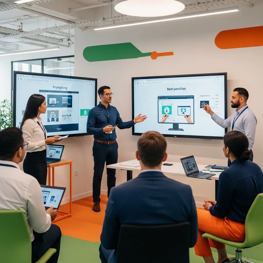 A vibrant training session in a contemporary workplace where an engaged facilitator demonstrates AI tools to a diverse group 