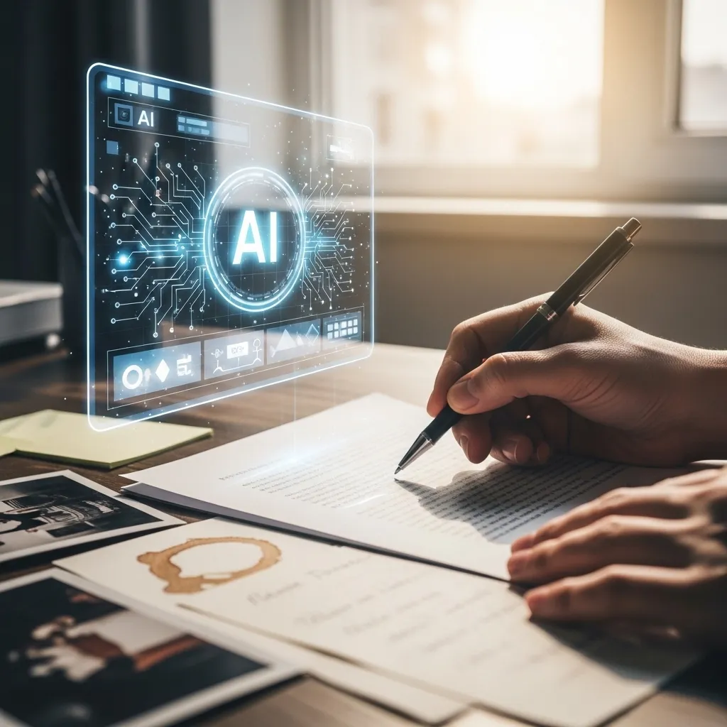A conceptual image showing human and AI collaboration: a writer's hand holding a pen edits a printed document while a translu