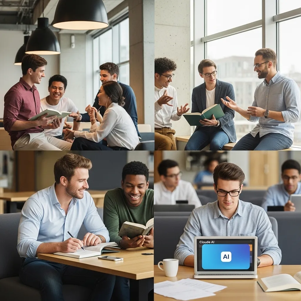 A diverse group of students in a modern study lounge using various learning methods