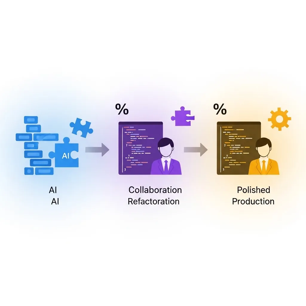 A time-lapse style illustration showing code evolution: starting with AI-generated code blocks on the left, moving through hu