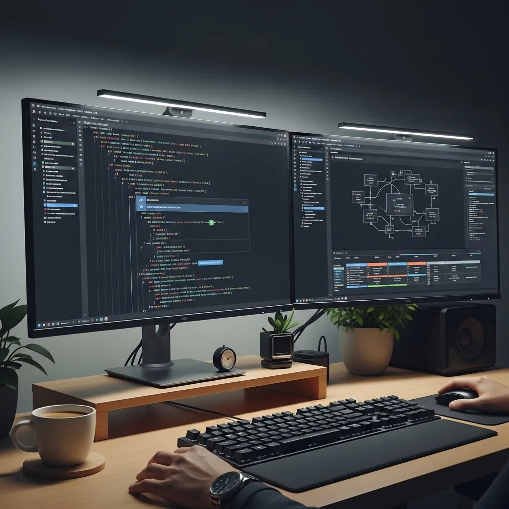 A modern software development workspace showing a programmer's dual-monitor setup