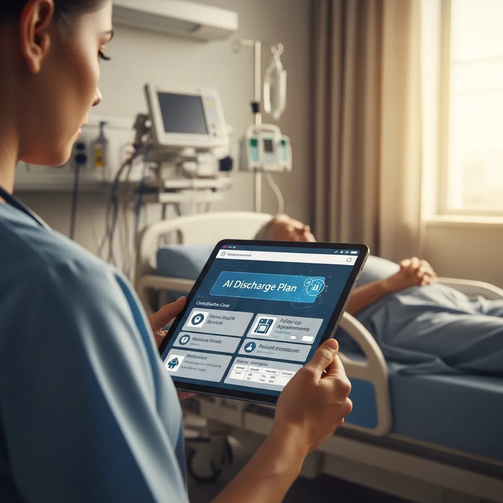 A warm, compassionate healthcare scene showing a nurse reviewing a tablet displaying AI-generated discharge plans