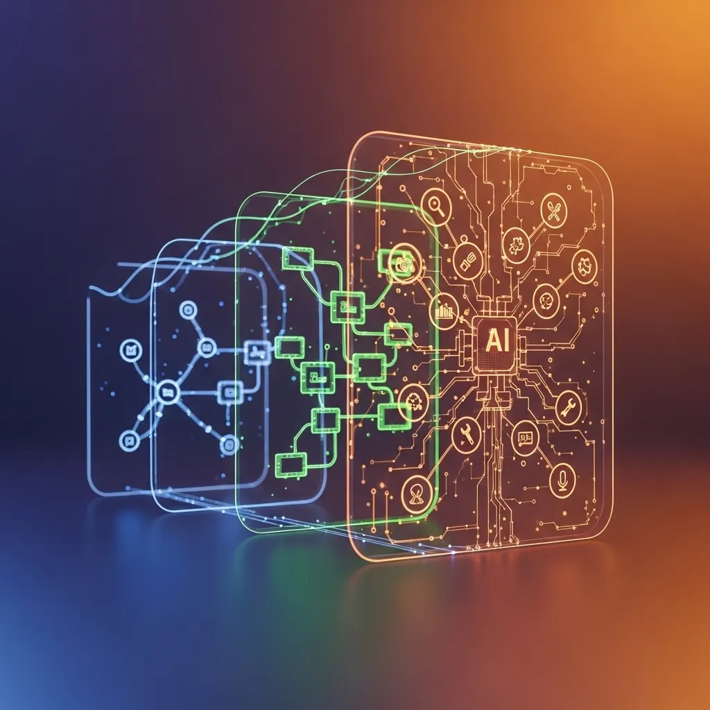 A conceptual image showing an evolving AI system through multiple iterations