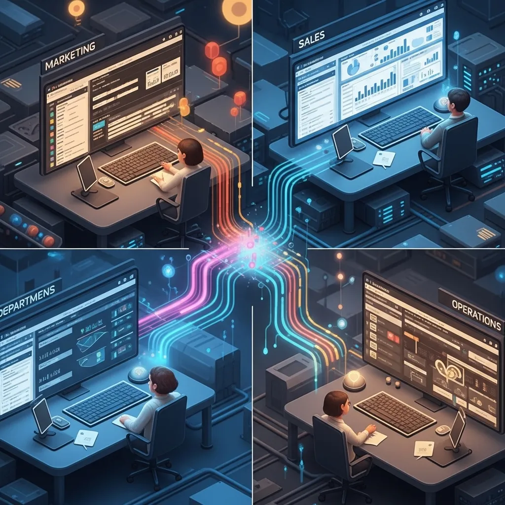 A detailed illustration showing multiple departments in an organization—marketing, sales, operations—each with their own auto