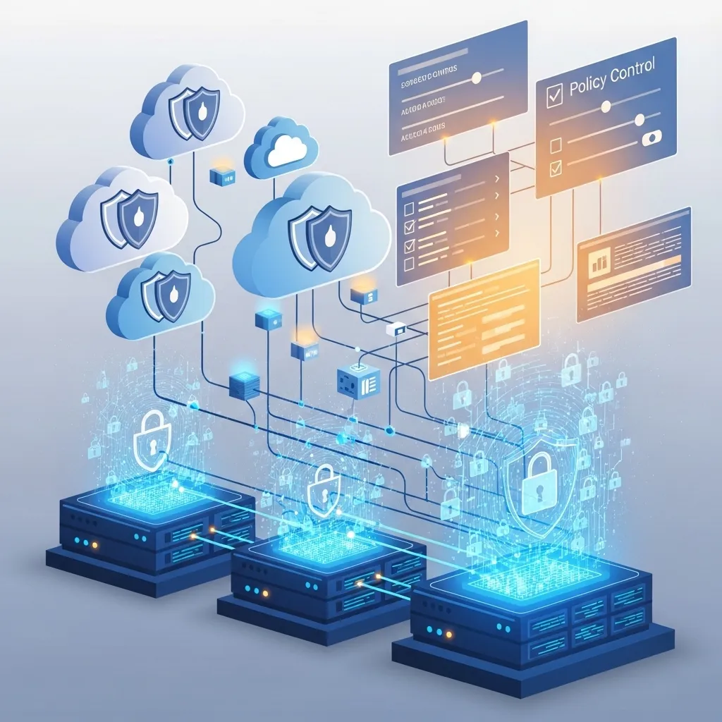 A sophisticated security-focused illustration showing tiered privacy approaches for AI coding tools