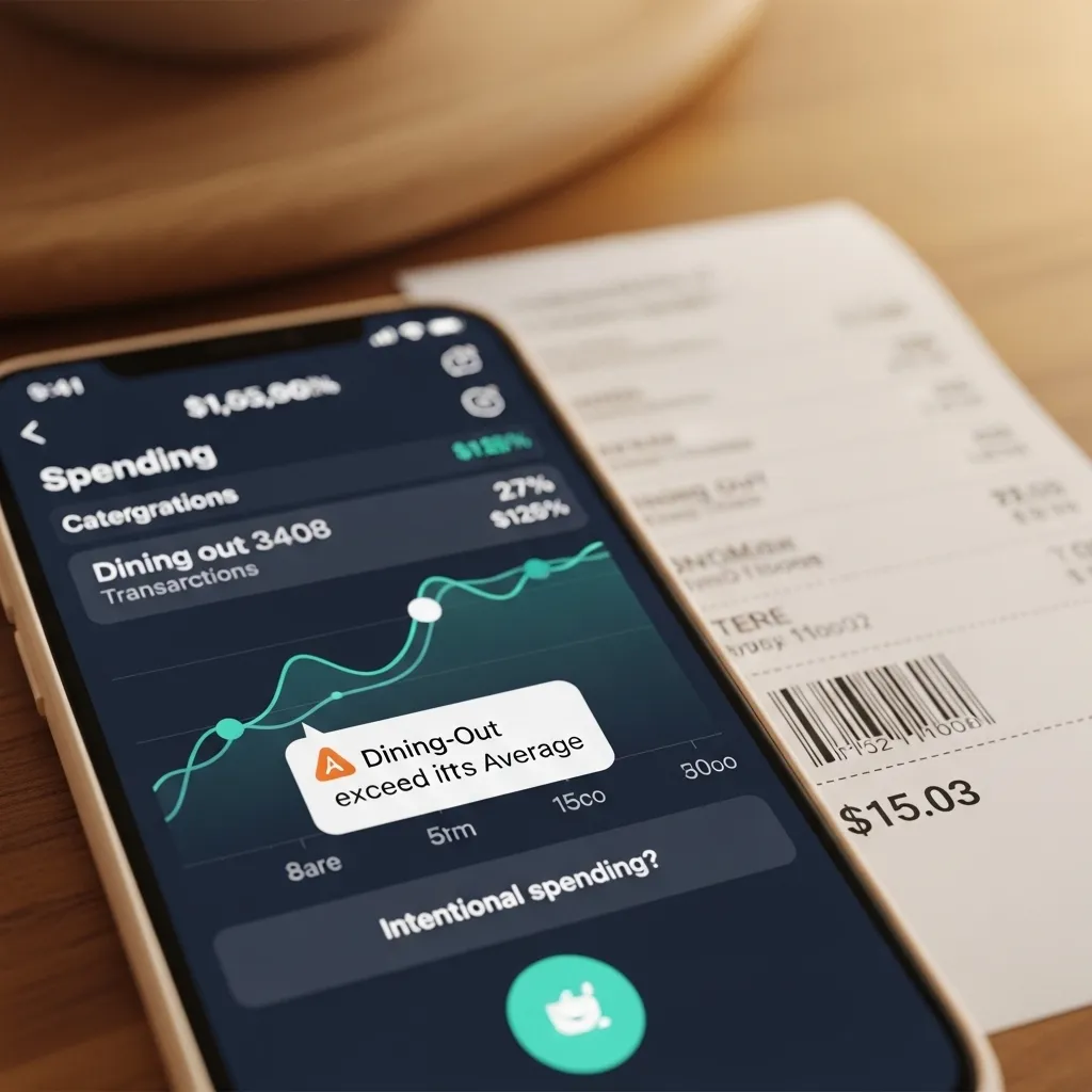 A photorealistic close-up of a smartphone displaying a financial app dashboard